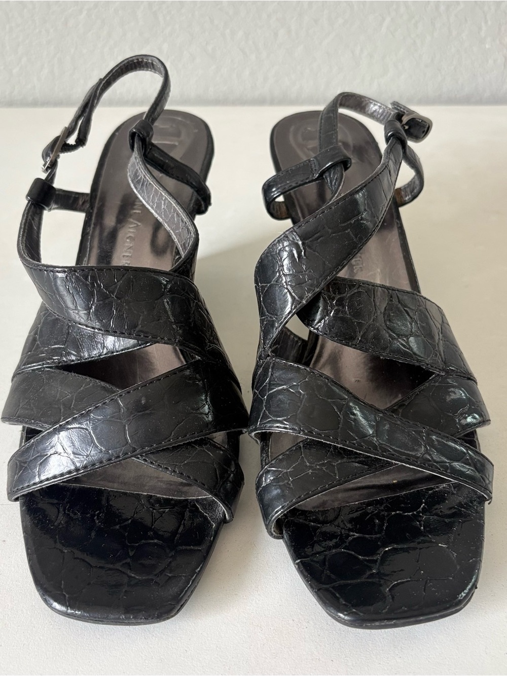 Etienne Aigner Ashton Black Patent Wedge Sandals Ankle Strap Women’s Size 9.5 M